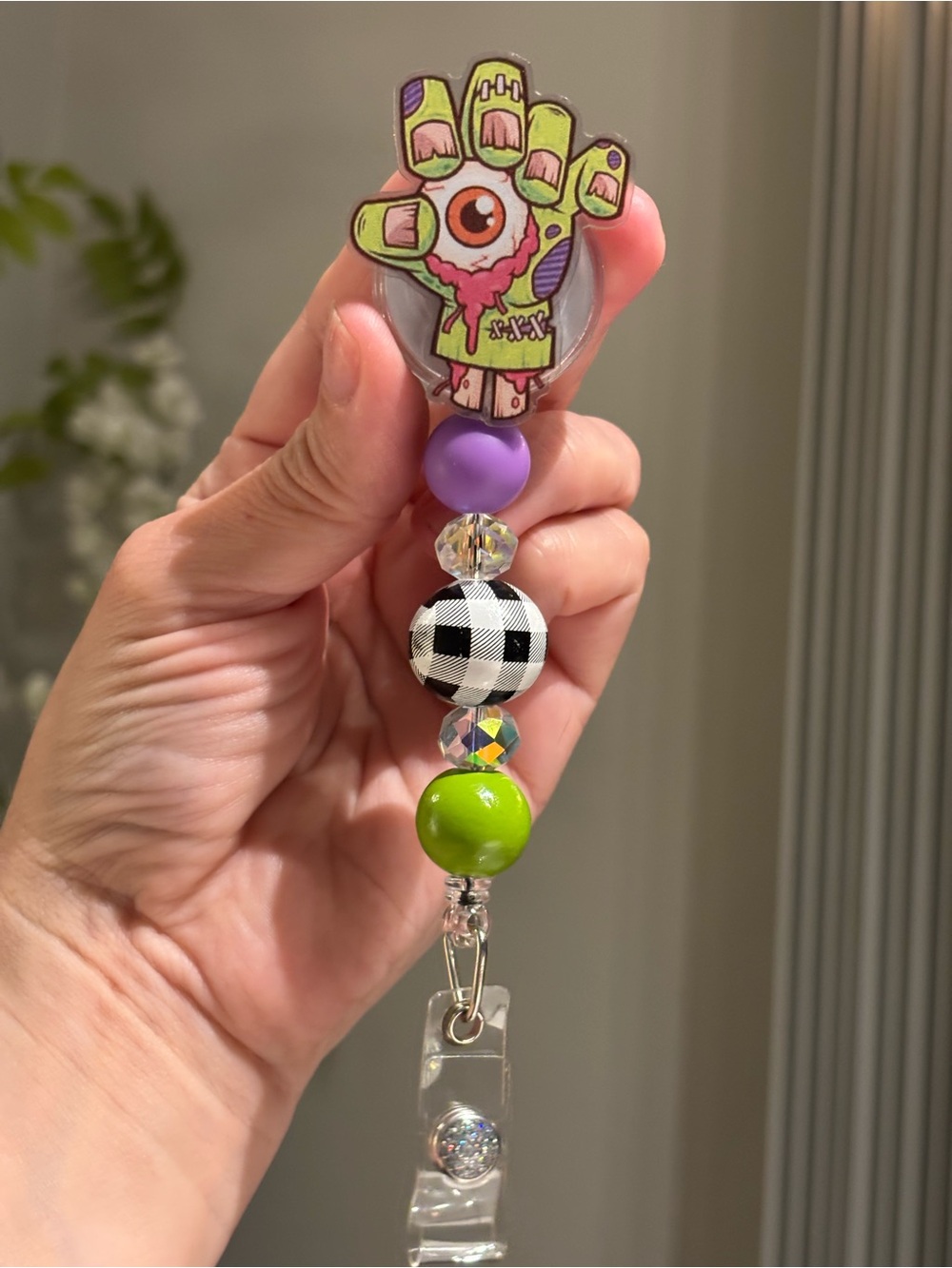 Handmade Zombie Hand Halloween Beaded Badge Reel Green Purple Black